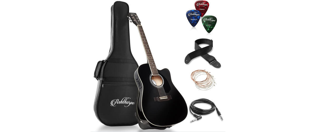 Ashthorpe Full Size Cutaway Thinline Acoustic Electric Guitar Package Black