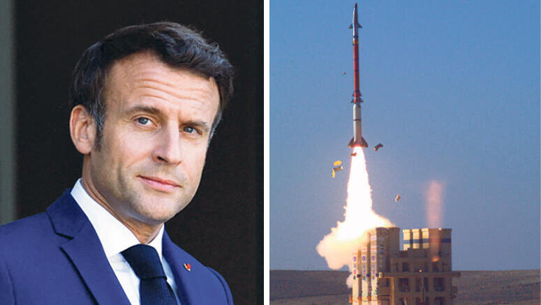  French President Emmanuel Macron; Right: David's slingshot system.