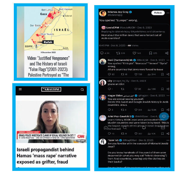 Top right: Joy Gray's tweet mocking the deportation of Jews from Arab countries, a headline on the Grayson website about "Israeli campaigner behind the 'mass rape' narrative exposed as a fraud", and a post about "Israeli deception operations". 