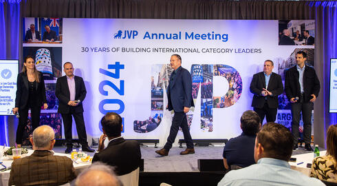 Shimrit Kenig (from right), Chief Operating Partner at JVP, Yoav Tzruya, General Partner at JVP, Erel Margalit, Gadi Porat, General Partner at JVP, and Alexandre Dahan, Principal at JVP. 