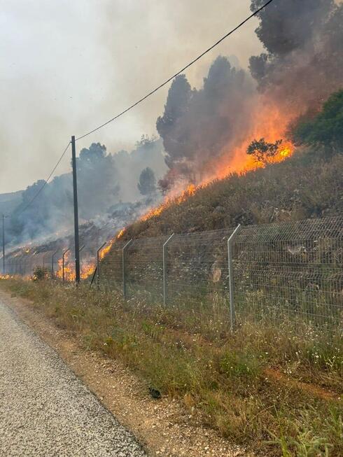 שריפה בגליל לאחר מטח שנורה מלבנון, צילום: כב"ה צפון