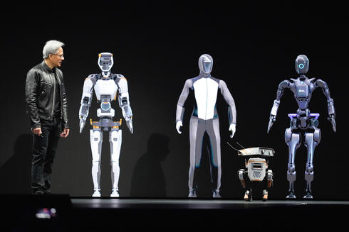 Nvidia CEO Jensen Huang  with robots 