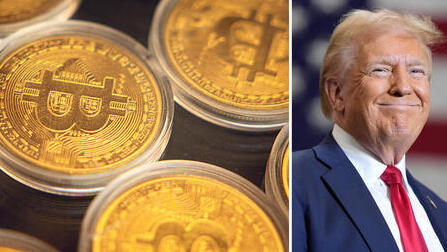 דונלד טראמפ וביטקוין. יש גם מטבע יציב (AP/ Evan Vucci , Getty Images/ Chris McGrath) דונלד טראמפ ו מטבע ביטקוין