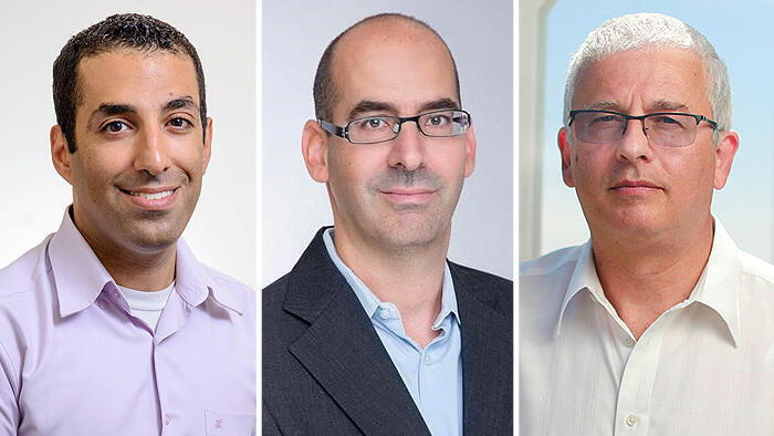 מימין אנדרו אביר המשנה לנגיד בנק ישראל חגי שרייבר מנהל השקעות ראשי של הפניקס ו גיא מני מנהל השקעות ראשי מיטב גמל