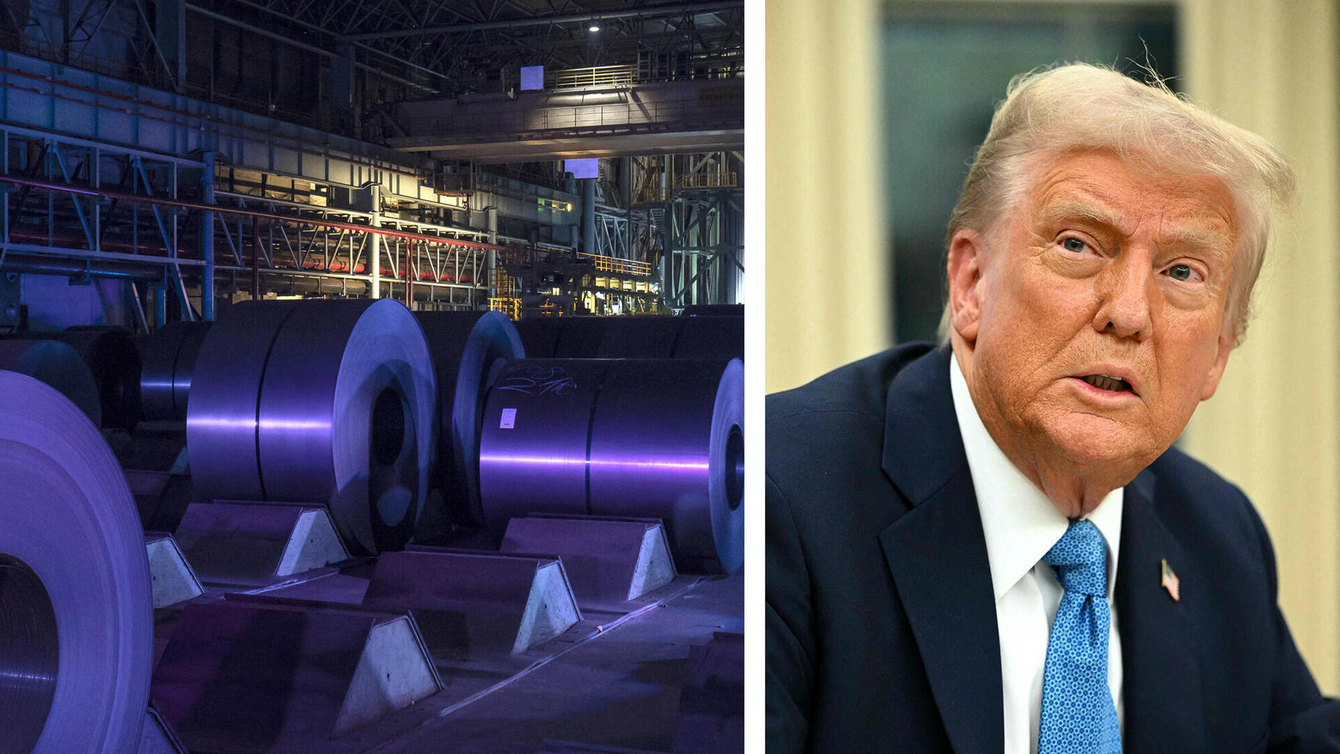 נשיא ארה"ב דונלד טראמפ לצד מתקן של חברת ה פלדה ה סינית סין Baowu ב שנגחאי 