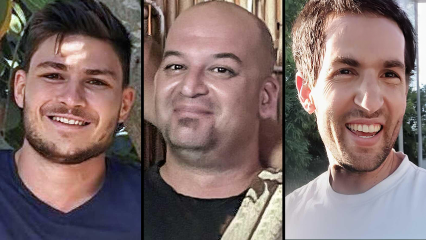 מימין: שגיא דקל חן, יאיר הורן, סשה טרופנוב, חטופים שישוחררו מחר שבת 15 בפברואר 2025 משבי חמאס