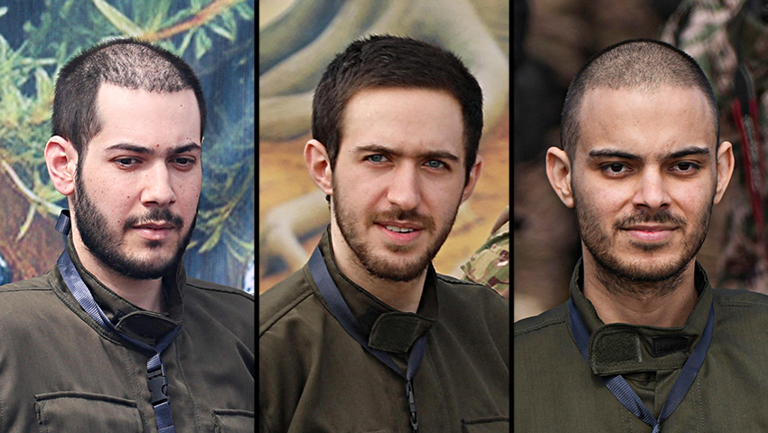 מימין: עומר ונקרט, עומר שום טוב, אליה כהן. שוחררו משבי חמאס לאחר 505 יום