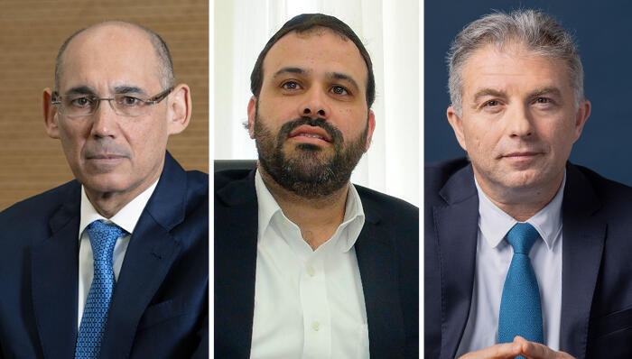 המפקח על הבנקים דני חחיאשוילי, ח"כ ינון אזולאי, נגיד בנק ישראל אמיר ירון. יוזמות החקיקה מאיימות על הבנקים (צילומים: אביגיל עוזי חזקי עזרא ערוץ 7 אלכס קולומויסקי) מימין דניאל דני חחיאשוילי ינון אזולאי אמיר ירון
