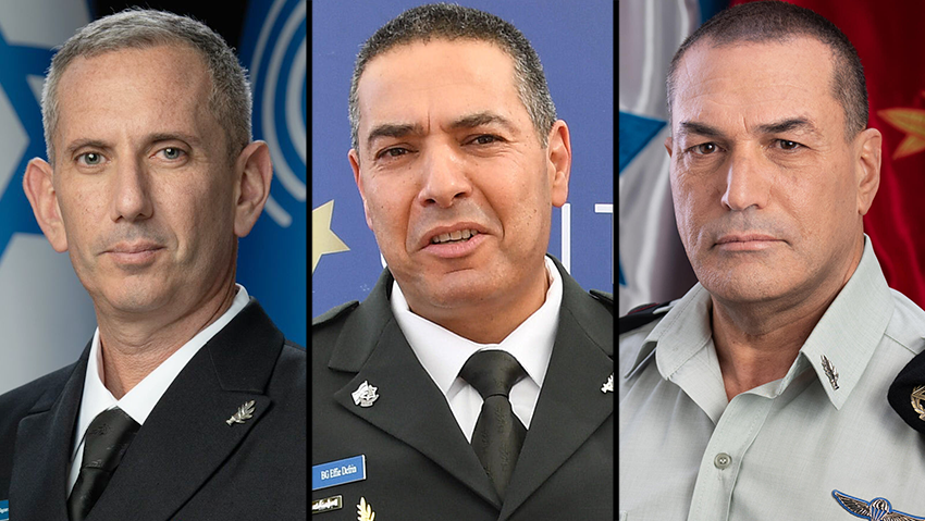 מימין: הרמטכ"ל רב אלוף אייל זמיר, דובר צה"ל החדש תא"ל אפי דפרין ודובר צה"ל היוצא תא"ל דניאל הגרי
