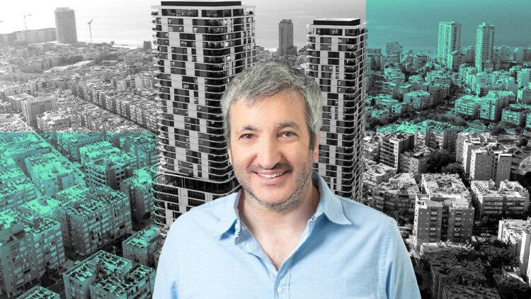 מנכ"ל RMA קובי ארדיטי על רקע הדמיה של התוכנית במתחם יוספטל-בלפור בבת ים