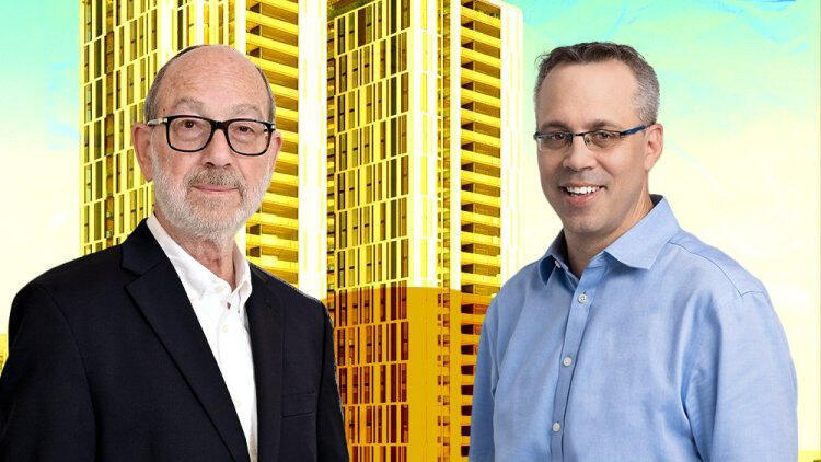 ארז מגדלי מנהל חטיבת ההשקעות במגדל ביטוח ו הרשי פרידמן בעל השליטה ב אזורים על רקע הדמיה של פרויקט צומת פת ב ירושלים