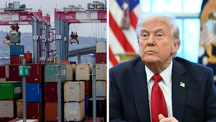 נמל לונג ביץ' בקליפורניה ארה"ב ודונלד טראמפ (צילום: Bloomberg, Mandel NGAN / AFP) נמל לונג ביץ' ב קליפורניה ארה"ב ו דונלד טראמפ מלחמת סחר מכסים מכס