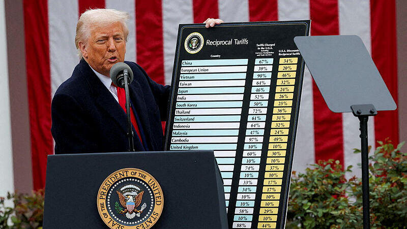 נשיא ארה"ב דונלד טראמפ מציג את טבלת ה מכסים מכס מלחמת סחר 2.4.25