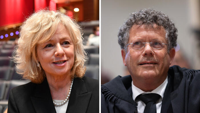 נשיא בית המשפט העליון יצחק עמית והיועצת המשפטית לממשלה גלי בהרב־מיארה. ההפיכה המשטרית יוצרת דה־לגיטימציה לפרשני החוק (צילומים: אלכס קולומויסקי יואב דודקביץ) מימין יצחק עמית ו גלי בהרב מיארה