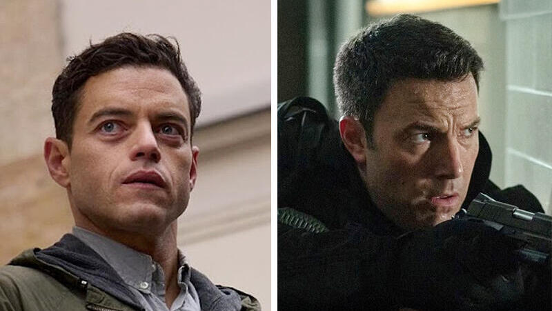 מימין השחקן בן אפלק מתוך הסרט רואה החשבון 2 והשחקן ראמי מאלק מתוך הסרט החובבן