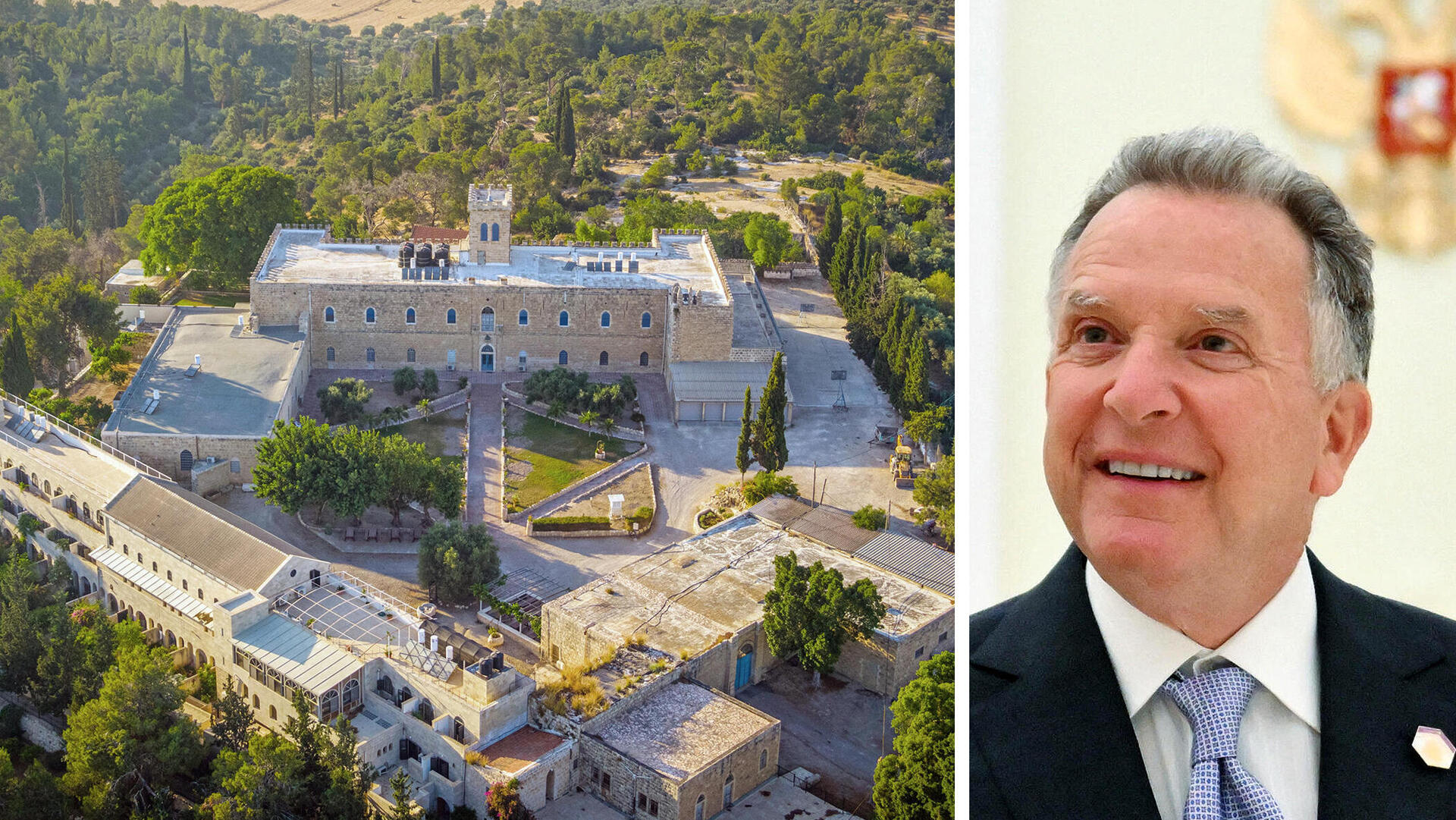 סטיב ויטקוף השליח המיוחד בממשל ארה"ב למזרח התיכון לצד המנזר הקתולי בית ג'מאל ליד בית שמש