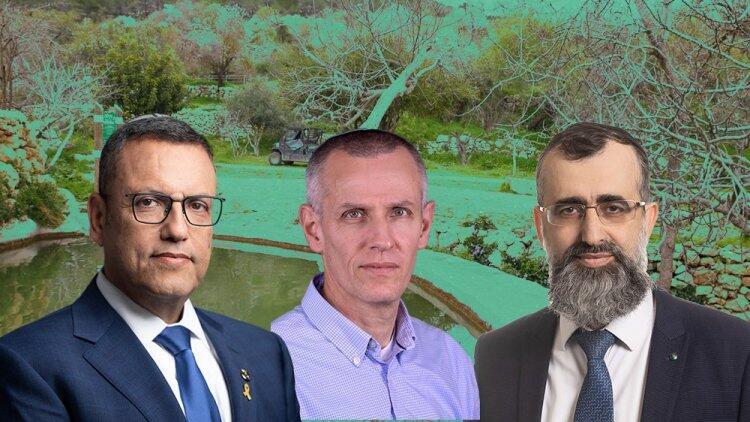 נתן אלנתן ינקי קוינט ומשה ליאון על רקע שטח התוכנית בירושלים 