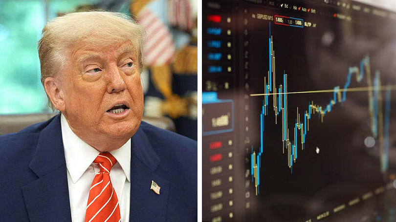 בורסה לצד נשיא ארה"ב דונלד טראמפ חושף את הסכם הסחר עם בריטניה מכסים מלחמת סחר 8.5.25