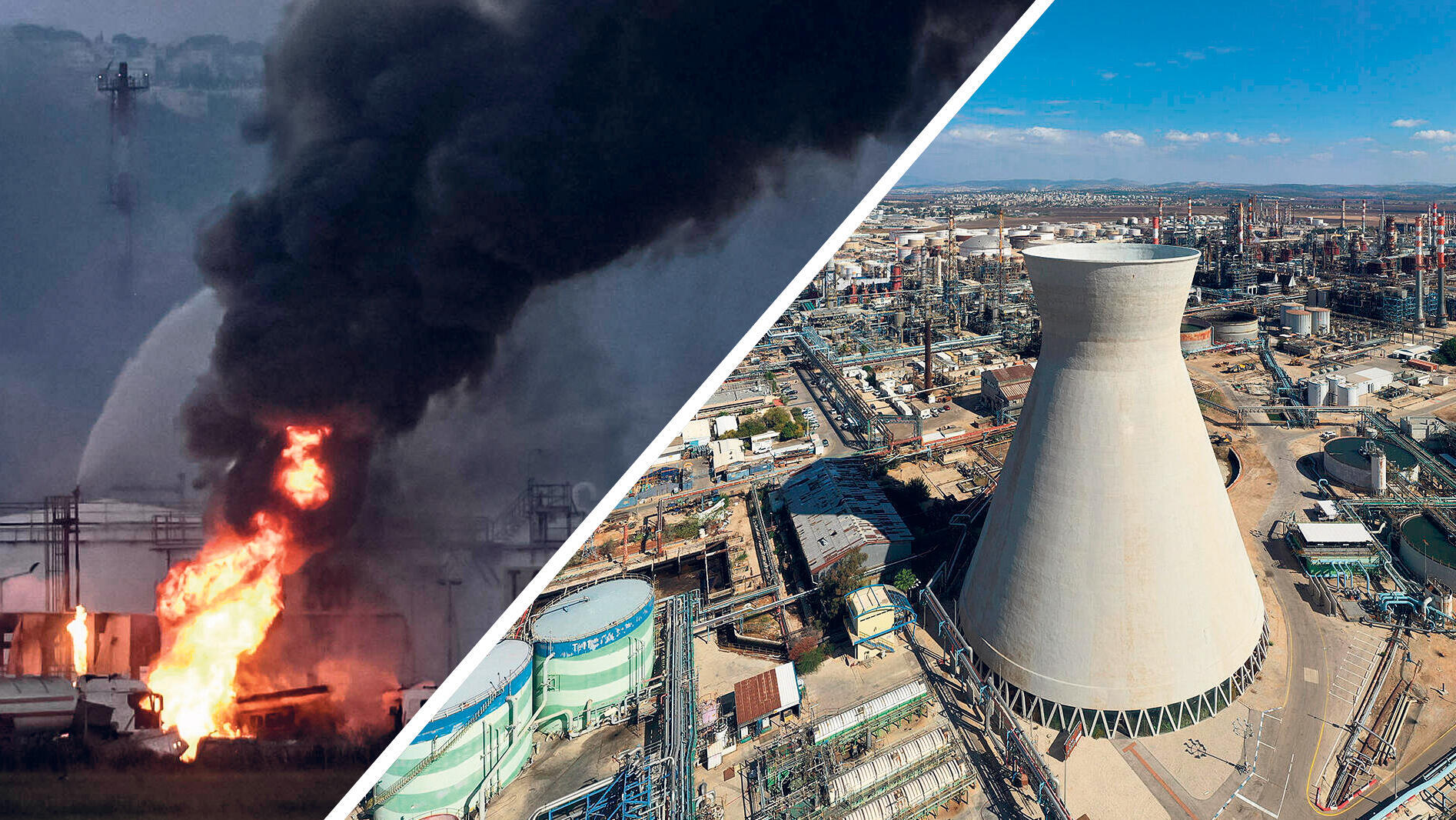 מימין מתחם בזן ב מפרץ חיפה לפני פגיעת הטיל האיראני והפגיעה שלשום בבית הזיקוק במפרץ חיפה