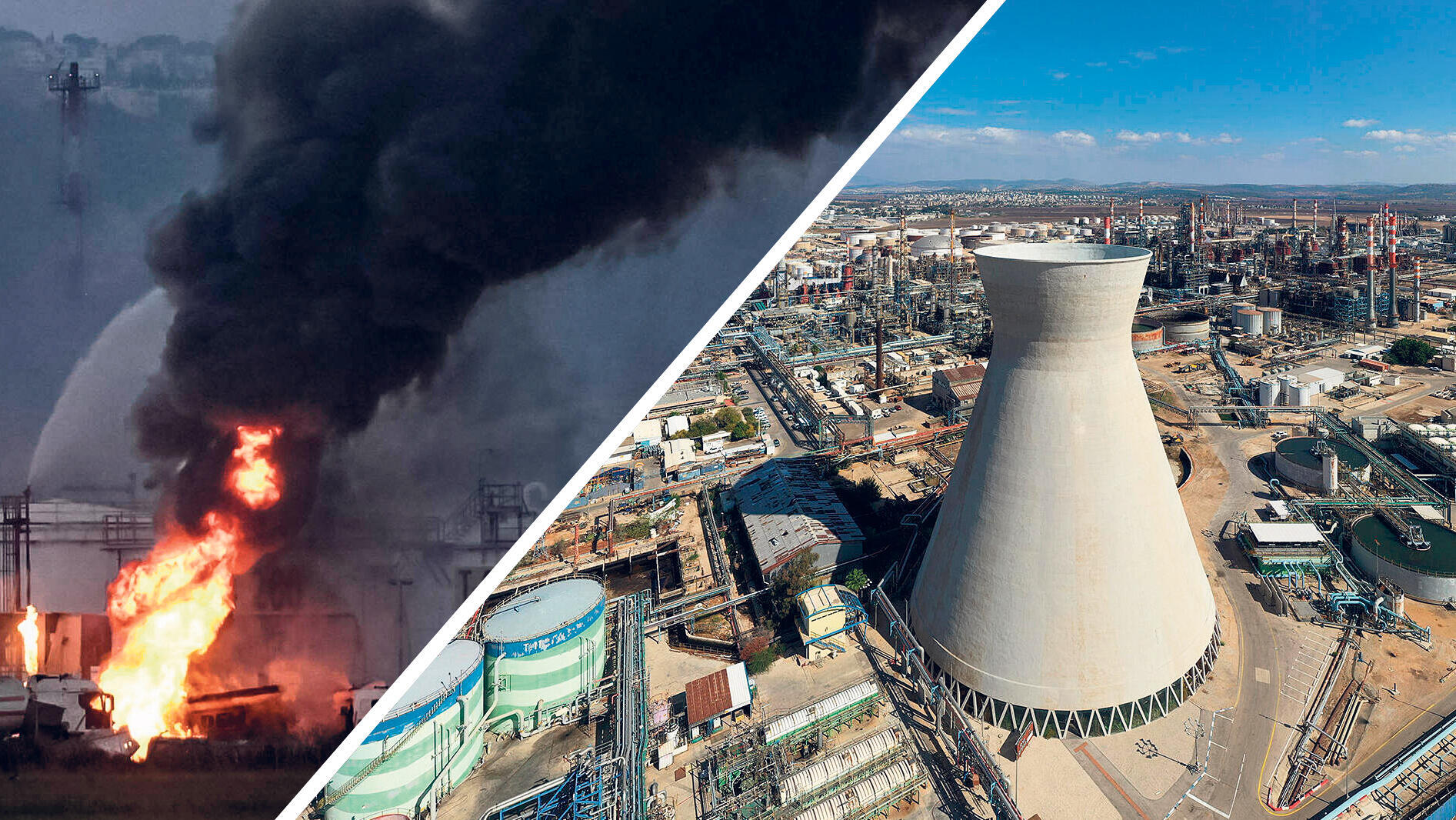 מימין מתחם בזן ב מפרץ חיפה לפני פגיעת הטיל האיראני והפגיעה שלשום בבית הזיקוק במפרץ חיפה