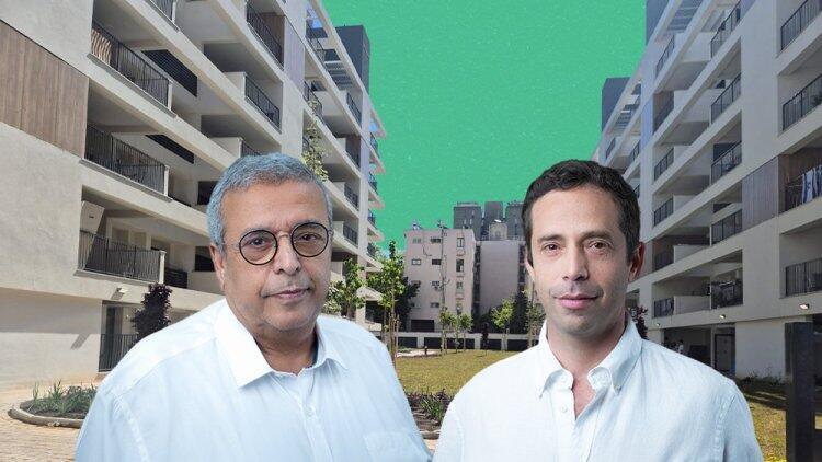 ראם רצון מנכל אב-גד ו מיכאל רצון יו"ר אב-גד על רקע הדמייה של הפרויקט ב קריית אונו