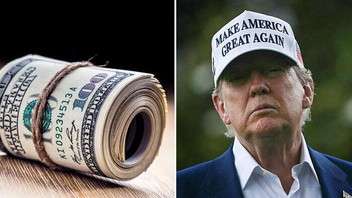 נשיא ארה"ב טראמפ; דולרים (צילום: שאטרסטוק , Brendan SMIALOWSKI / AFP) דולר דולרים מט"ח מלחמת סחר מכסים נשיא ארה"ב דונלד טראמפ