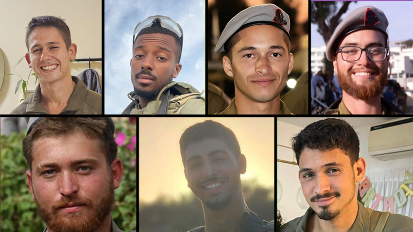 שבעת לוחמי הנדסה שנפלו באסון הנגמ"ש בחאן יונס. מימין למעלה נגד כיוון השעון: סמל אלון דוידוב ז"ל, סמל מעיין ברוך פרלשטיין ז"ל, סמל שחר מנואב ז"ל, סמל רונן שפירו ז"ל, סגן מתן שי ישינובסקי ז"ל, סמל רונאל בן משה ז"ל, סמ"ר ניב רדיע ז"ל