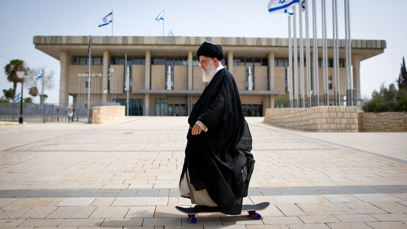 חמינאי גולש על סקייטבורד ברחבת הכנסת נוצר באמצעות REVE