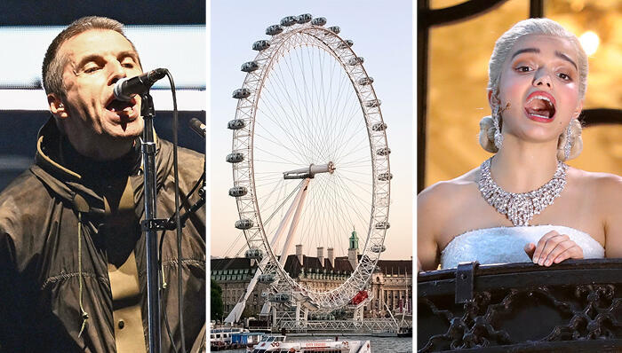 מימין רייצ'ל זגלר בתפקיד אוויטה גלגל הענק London Eye ו ליאם גלאגר במופע האיחוד של אואזיס פנאי