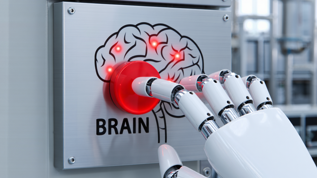 "כשאנחנו נותנים לטכנולוגיה לעשות משהו בשבילנו, אנחנו יכולים להשתפר בדברים אחרים" (נוצר באמצעות AI) רובוט מכבה מוח של אדם AI בינה מלאכותית