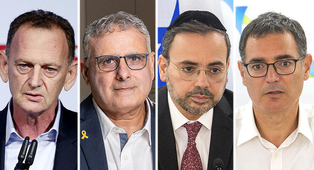 מימין מנכ"ל משרד הבריאות משה בר סימן טוב שר הבריאות המתפטר אוריאל בוסו מנכ"ל כללית אלי כהן ויו"ר כללית יוחנן לוקר