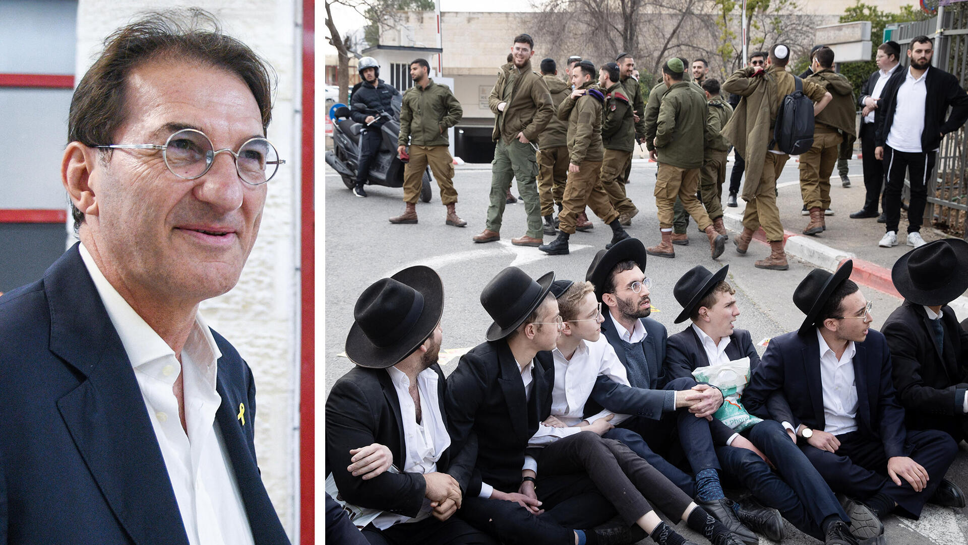 ח"כ בועז ביסמוט יו"ר ועדת החוץ והביטחון לצד תלמידי ישיבה מפגינים מחוץ לכנס של חיילי נצח יהודה בירושלים נגד גיוס ל צה"ל