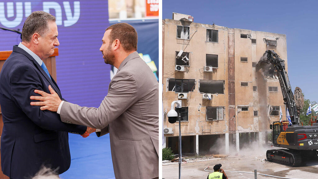 שר הביטחון ישראל כ"ץ וראש עיריית חולון שי קינן לצד טקס ה הריסה של ה מבנים ב חולון ש נפגעו מה טיל ה איראני