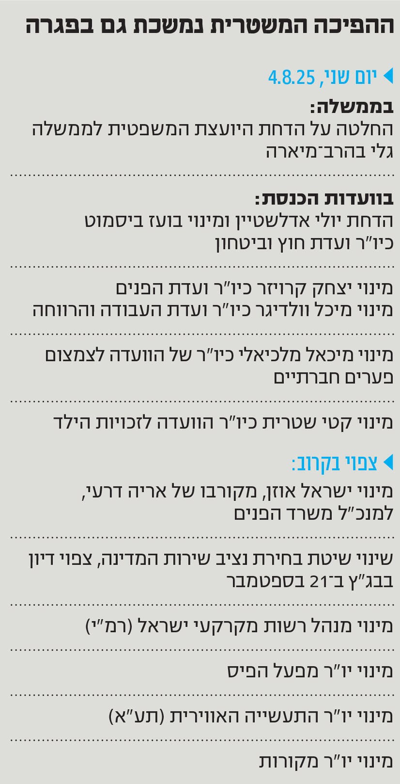 אינפו ההפיכה המשטרית נמשכת גם בפגרה