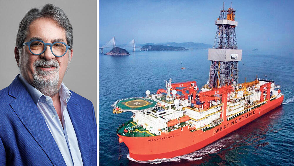 גדעון תדמור ואסדת קידוח של נאוויטס במפרץ מקסיקו (צילומים: LLOG Explortaion, יאיר ולר) גדעון תדמור יו"ר נאוויטס פטרוליום לצד אסדת קידוח בקסקין מפרץ מקסיקו