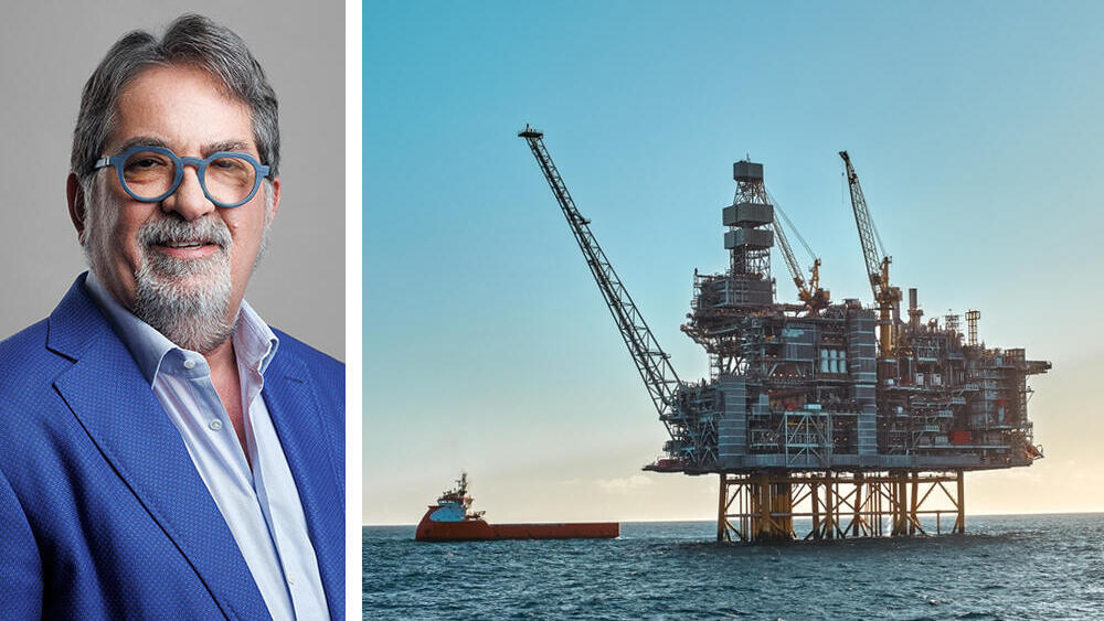 גדעון תדמור יו"ר נאוויטס פטרוליום לצד אסדת קידוח בקסקין מפרץ מקסיקו