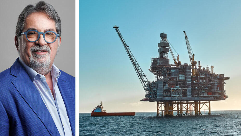 גדעון תדמור יו"ר נאוויטס פטרוליום לצד אסדת קידוח בקסקין מפרץ מקסיקו