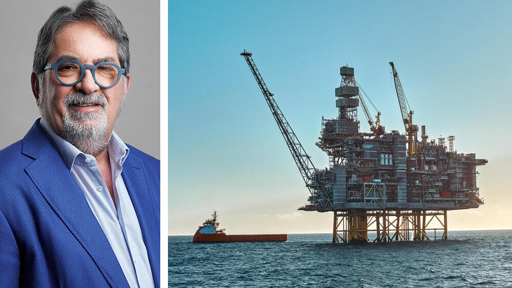 גדעון תדמור יו"ר נאוויטס פטרוליום לצד אסדת קידוח בקסקין מפרץ מקסיקו