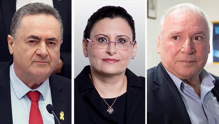 מימין השר לשיתוף פעולה אזורי דודי אמסלם דירקטורית בחברת רפאל מיכל עבאדי בויאנג'ו ושר הביטחון ישראל כץ