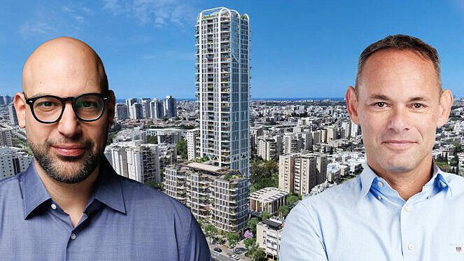 עמי פליישר סמנכל יזמות מגורים ומשנה למנכל תדהר ייזום ו רז מנשה מנכל משותף ובעלים בקבוצת מבנים על רקע הדמיה של הפרויקט ברחוב מפרץ שלמה בחולון