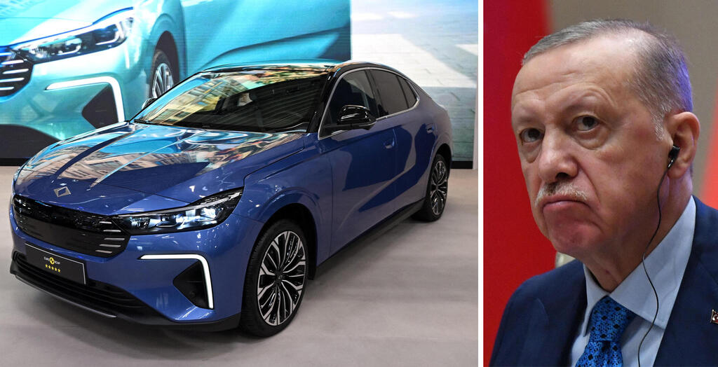 ארדואן לצד Togg T10F. מרבה לקדם את היצרנית (צילומים: AFP , REUTERS/Angelika Warmuth) רכב TOOG T10F ו ארדואן