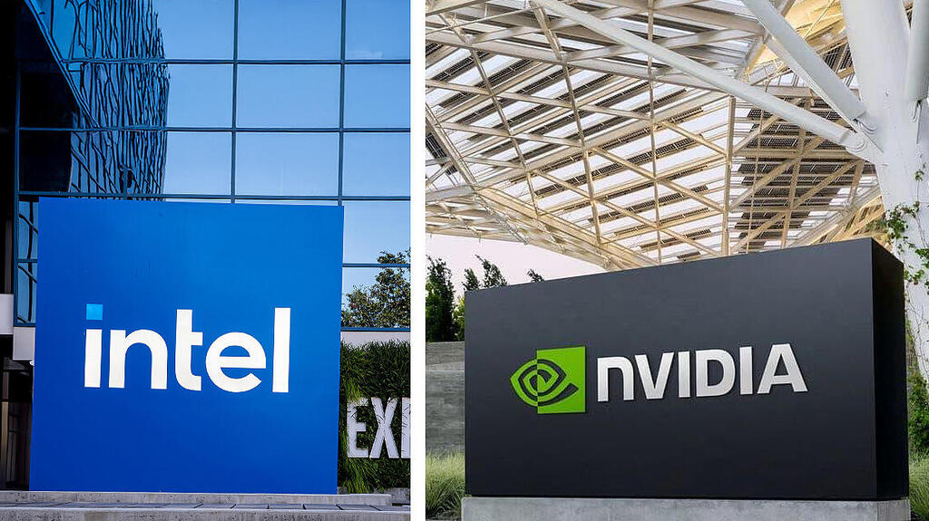 מטה אנבידיה ומטה אינטל בקליפורניה (צילום: Nvidia/Reuters, David Paul Morris/Bloomberg) מטה אנבידיה קליפורניה ומטה אינטל ב קליפורניה