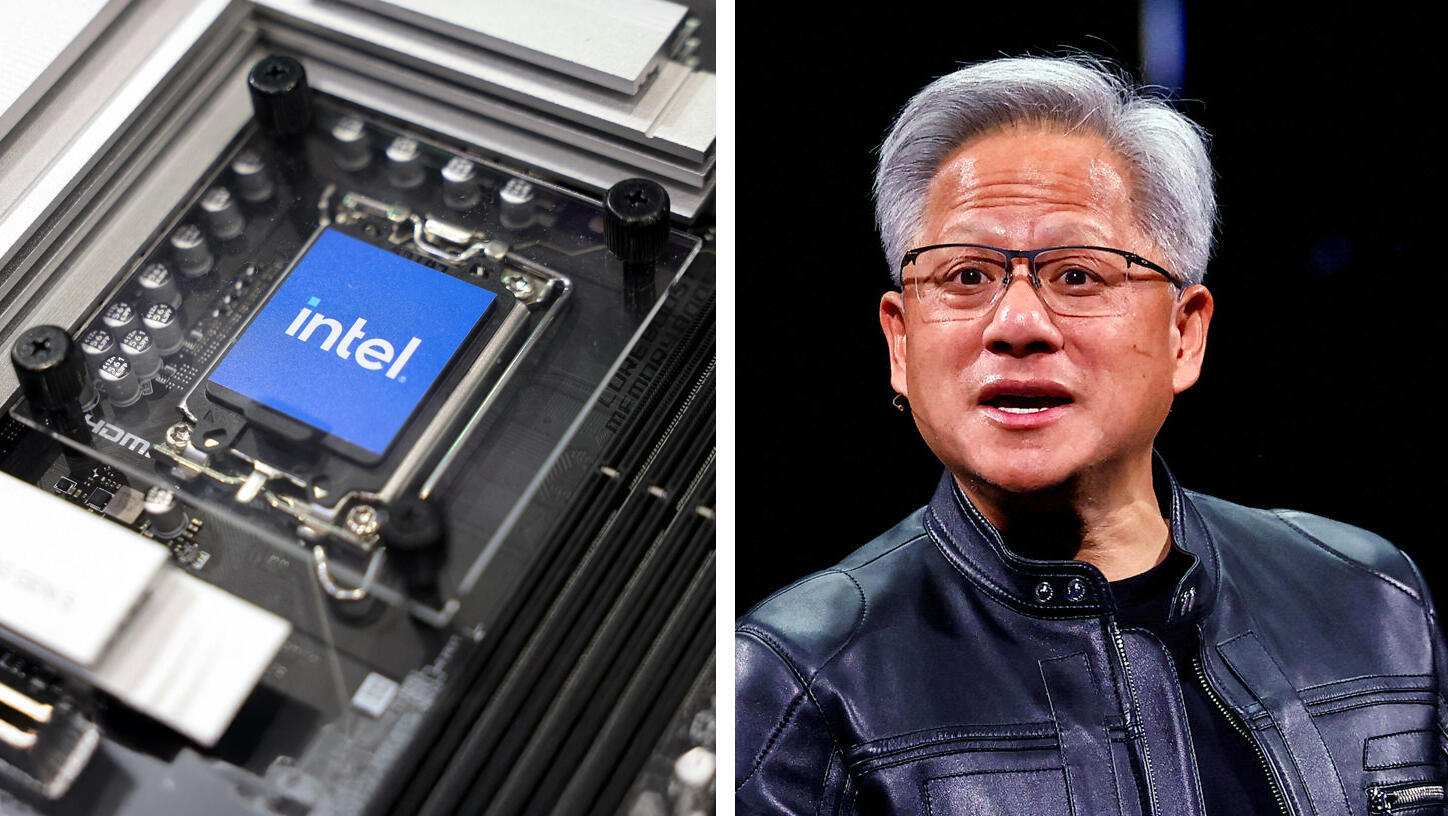 מנכ"ל אנבידיה ג'נסן הואנג לצד שבב של אינטל