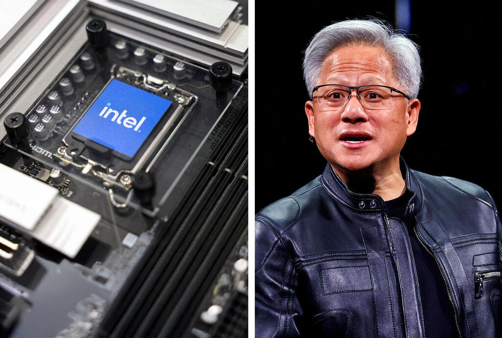 מייסד ומנכ"ל אנבידיה ג'נסן הואנג. העסקה מאפשרת לו ללכת בלי ולהרגיש עם (צילומים: REUTERS/Ann Wang, I-Hwa CHENG/AFP) מנכ"ל אנבידיה ג'נסן הואנג לצד שבב של אינטל