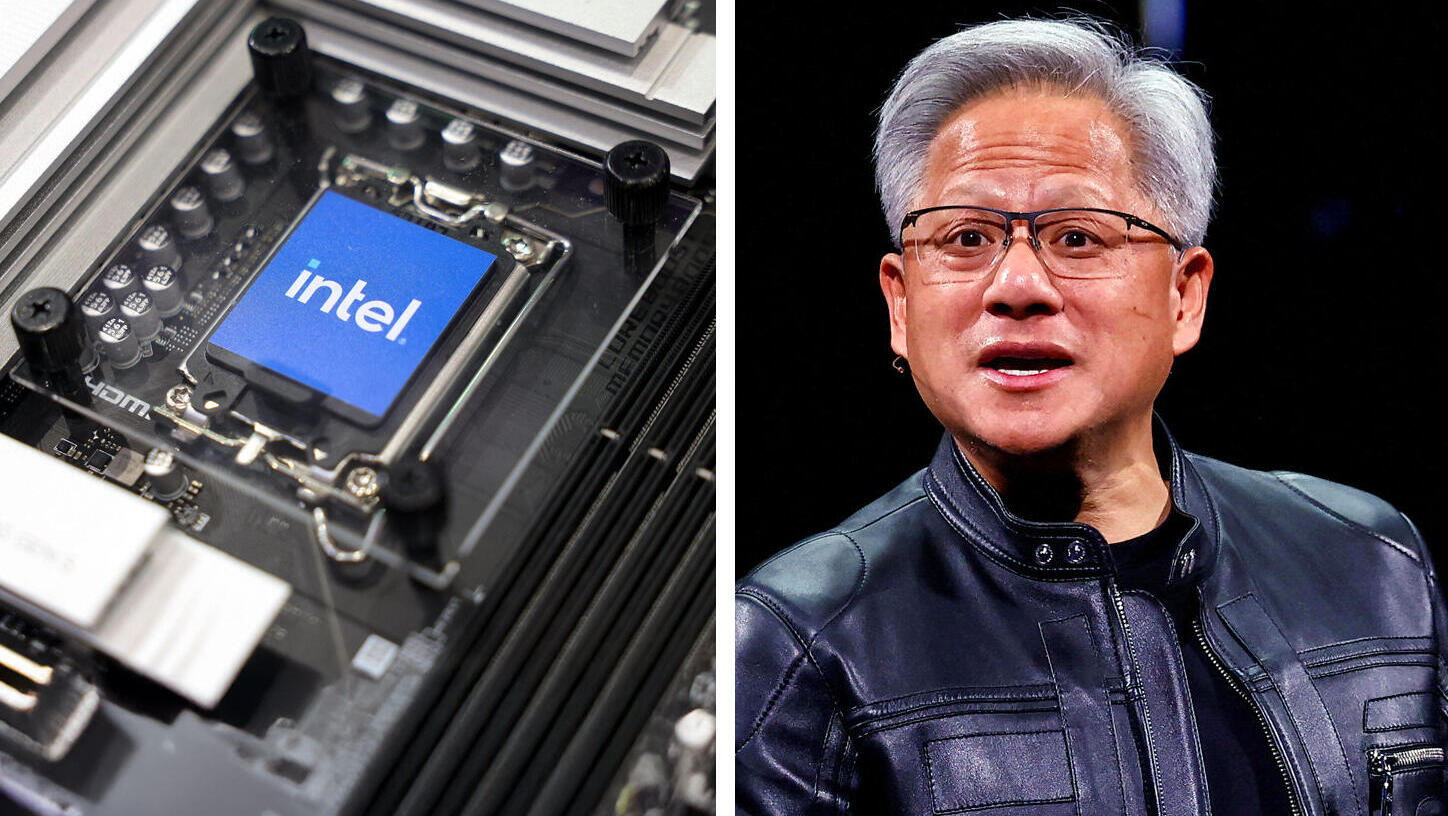 מנכ"ל אנבידיה ג'נסן הואנג לצד שבב של אינטל