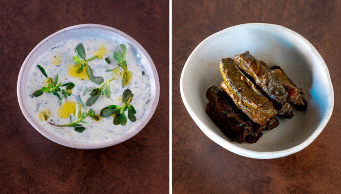 פנאי מימין עלי גפן ו סלט רענן עם ריגלה פרפחינה שף בן כהן מסעדת קיו  Cue 