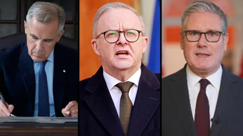 ראש ממשלת בריטניה קיר סטרמר, ראש ממשלת אוסטרליה אנתוני אלבניזי וראש ממשלת קנדה מארק קרני. שלוש הכרזות תוך דקות