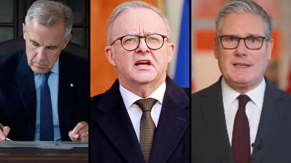 ראש ממשלת בריטניה קיר סטרמר, ראש ממשלת אוסטרליה אנתוני אלבניזי וראש ממשלת קנדה מארק קרני. שלוש הכרזות תוך דקות