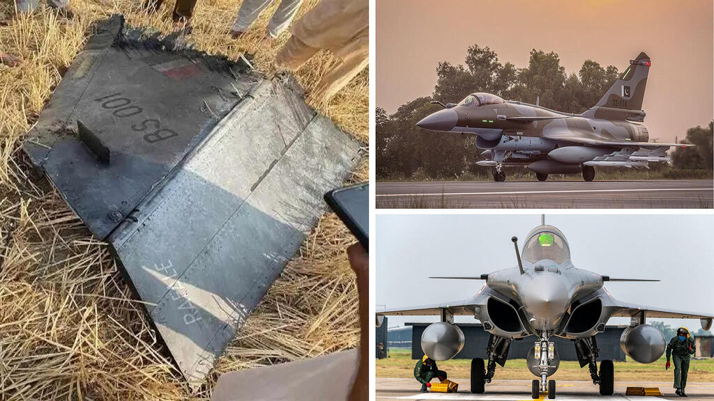 בכיוון השעון: ה-J10 הפקיסטני, הראפאל של הודו, ומה שנשאר ממנו אחרי המפגש שלהם (צילום: Indian Air Force, Pakistani Air Force) הקברניט ראפאל נאט"ו קרב אוויר