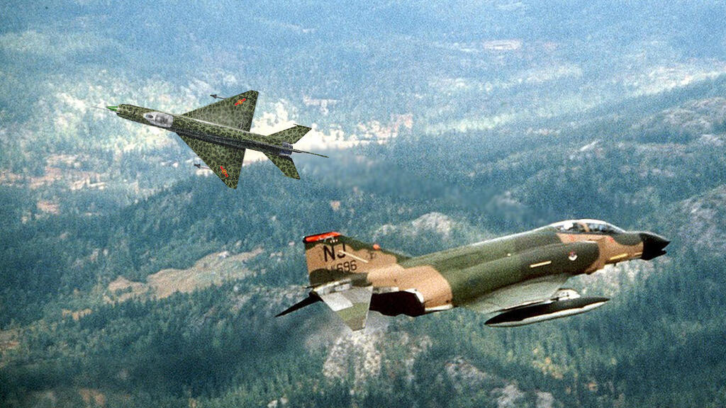 הפתעה! מיג 21 ופאנטום (צילום: USAF התמונה עובדה באמצעות AI) הקברניט ראפאל נאט"ו קרב אוויר
